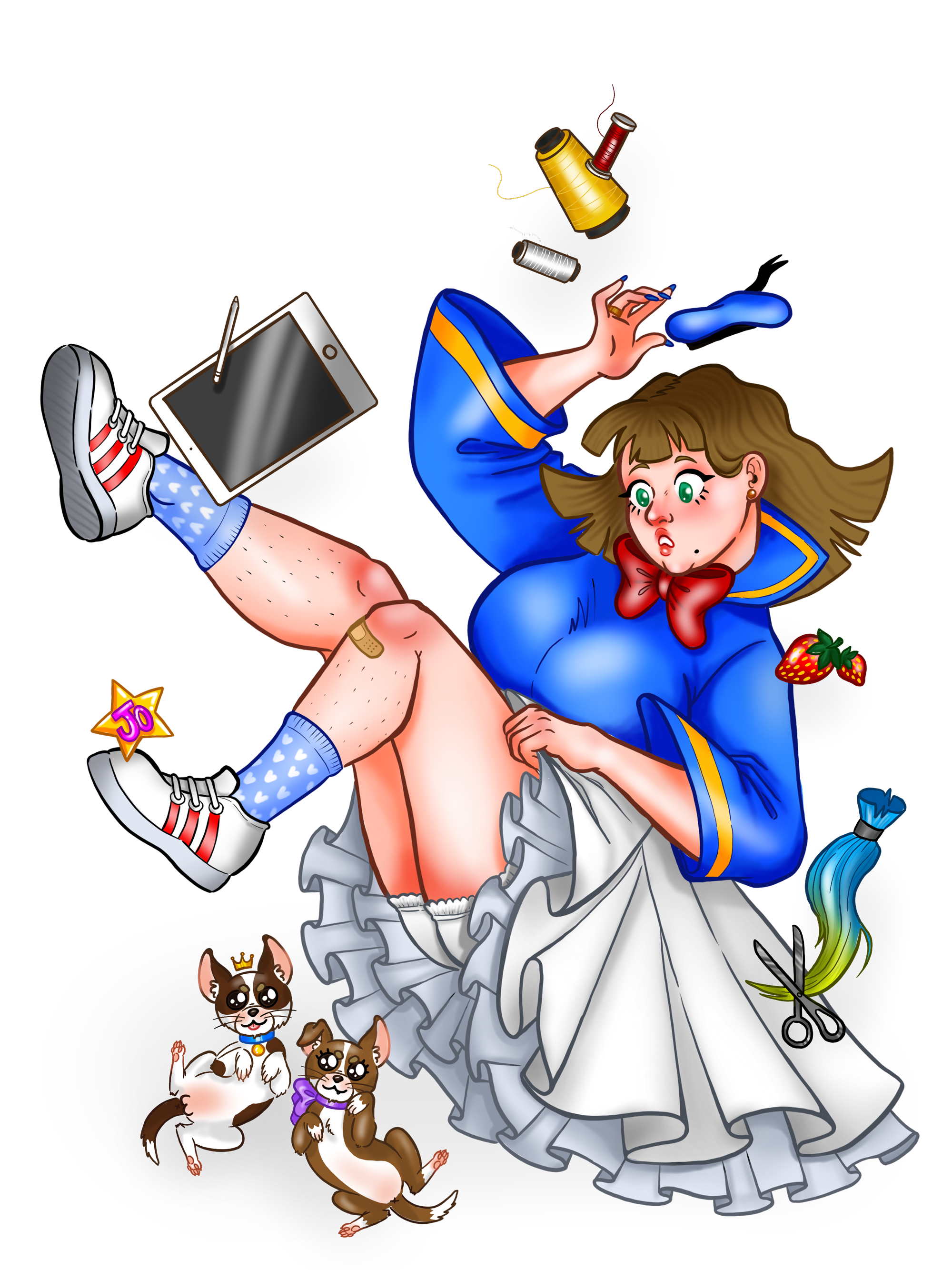A imagem apresenta uma personagem feminina em um estilo de ilustração animada. Ela está deitada de cabeça para baixo, com uma expressão surpresa, enquanto tenta manter o equilíbrio de objetos que flutuam ao seu redor. Ela usa uma camisa azul com detalhes em amarelo, um laço vermelho e uma saia de tule branca que se levanta devido à posição dela. Seus sapatos são brancos com detalhes vermelhos e ela usa meias azuis com desenhos de corações.
Ao redor dela, há vários itens flutuando, como um tablet, rolos de linha coloridos, uma tesoura, um par de cães pequenos com acessórios e até mesmo um pacote de morangos. A personagem parece estar em uma situação caótica, com os cães deitados ao seu lado e uma expressão um pouco desorientada. O cenário e a personagem têm um toque de humor e leveza, com cores vibrantes e detalhes divertidos.